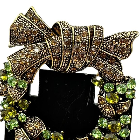 Wreath Brooch Pin With Green Rhinestones Bronze Bow Holiday Jewelry Lapel - Picture 3 of 16
